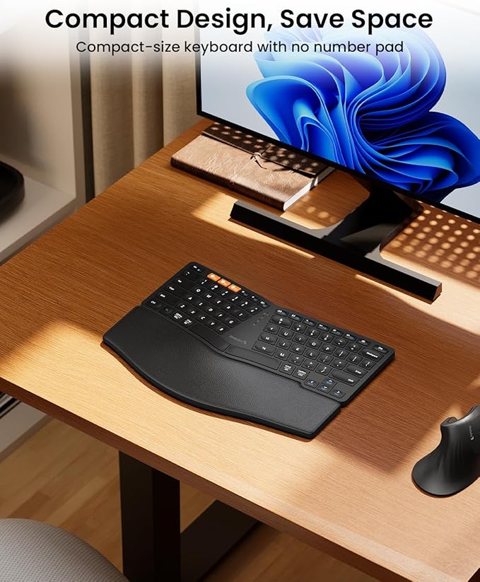 ProtoArc Bluetooth Ergonomic Keyboard, EK04 Mini Compact Wireless Ergonomic Keyboard, Hard Palm Rest, Multi-Device, Split Design, Rechargeable, Compatible with Windows, Mac OS - Black