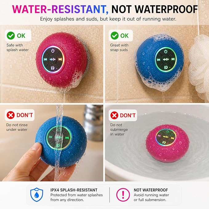 Bluetooth Shower Speaker with LED – Portable Wireless Mini Speaker with Mic & Suction Cup, IPX4 Water Resistant for Shower, Travel, Pool, River Floating, and Outdoor Fun (Blue)