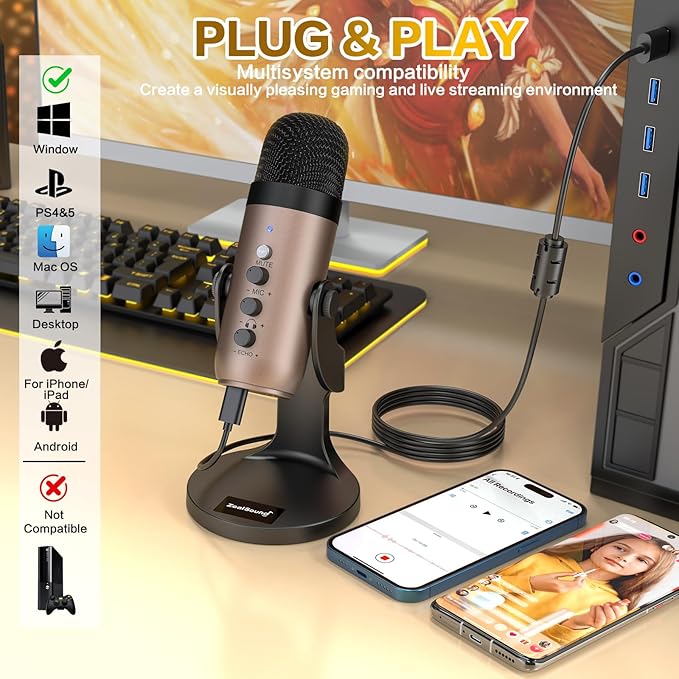 ZealSound USB Microphone,Condenser Computer PC Mic,Plug&Play Gaming Microphones for PS 4&5.Headphone Output&Volume Control,Mic Gain Control,Mute Button for Vocal,YouTube Podcast on Mac&Windows(Gold)