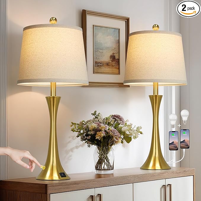 Rinweey 27.5" Gold Lamps Set of 2, Touch Control 3-Way Dimmable Bedside Nightstand Lamps Bedroom Lamp,Modern Gold Table Lamp with USB A+C Ports,Tall Lamps for Living Room End Table Home Office