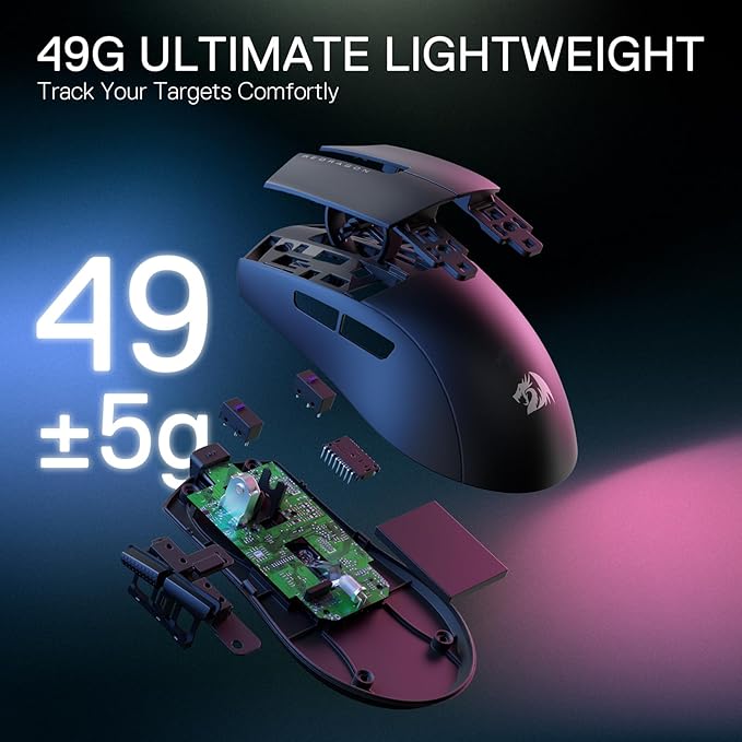 Redragon M916 STD 3-Mode Wireless Gaming Mouse, 49G Ultra-Light 24K DPI Mice w/Ergonomic Natural Grip Build, Full Programmable Buttons, Software Supports DIY Keybinds & DPI
