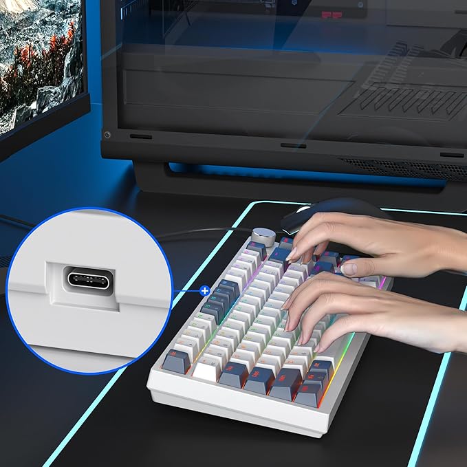 Owpkeenthy Wired 75% Mechanical Gaming Keyboard, 82 Key Gasket Mechanical Keyboard with Volume Knob Hot Swappable Linear Red Switch RGB Backlit for PC Laptop (White Earth)