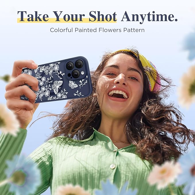 GVIEWIN for iPhone 16 Pro Case Compatible with MagSafe, [Military Grade Protection] [Screen Protector] Full Camera Protection Floral Translucent Women Magnetic Phone Case, Tuberose/Blue