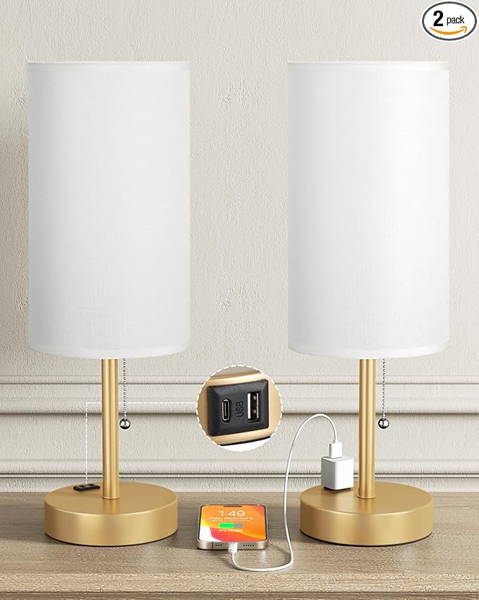 Fenmzee Plus Gold Bedside Lamps Set of 2-3 Color Temperatures Pull Chain Lamp with AC Outlet Charging Port, Round Night Stand Lamps for Bedroom, Bed Side Light with E26 LED Bulbs