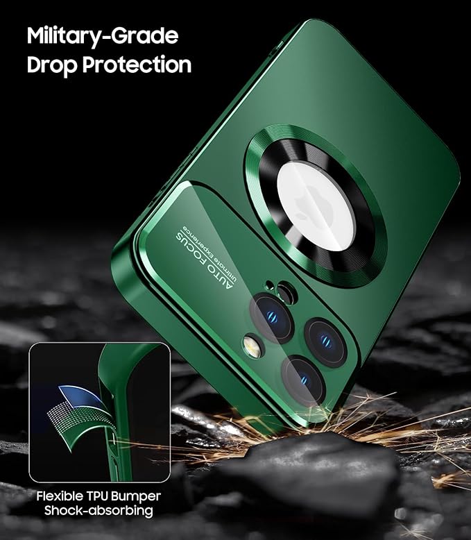 MAKAVO Magnetic for iPhone 16 Pro Max Case, Compatible with MagSafe, Built-in Camera Lens Protector, Logo View, Military Grade Drop Protection Phone Cover, Green