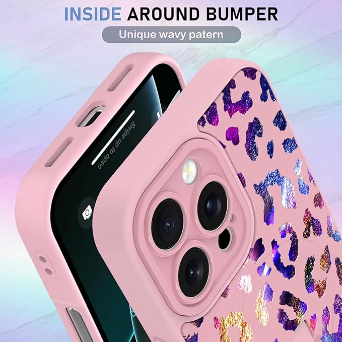 KANGHAR Compatible with iPhone 16 Pro Max Case, Support for MagSafe, Silicone Cute Iridescent Leopard Cheetah Pattern, Wristband Kickstand Shockproof Protective Slim Cover for Women Girls, Pink