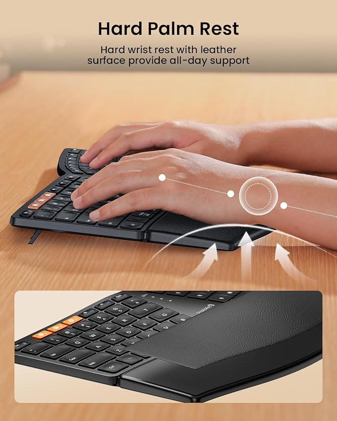 ProtoArc Bluetooth Ergonomic Keyboard, EK04 Mini Compact Wireless Ergonomic Keyboard, Hard Palm Rest, Multi-Device, Split Design, Rechargeable, Compatible with Windows, Mac OS - Black