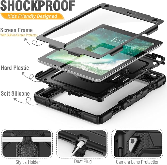 HXCASEAC Rugged Case for iPad Pro 9.7, iPad Air 2, 9.7 inch, Full Body Protective Design with Pencil Holder, Built-in Screen Protector, Rotating Stand, Hand Strap, for iPad Air 2 Hard Case (Black)
