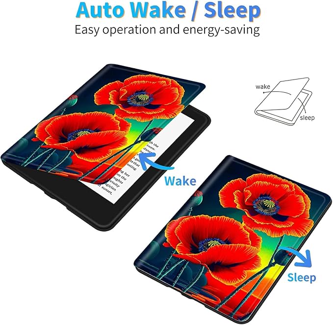for 7" Kindle Paperwhite 12th Generation 2024/2025 & Kindle Colorsoft Signature Edition Tablet Case, Slim Kickstand Stand Leather Smart Cover with Auto Wake/Sleep, Red Flower