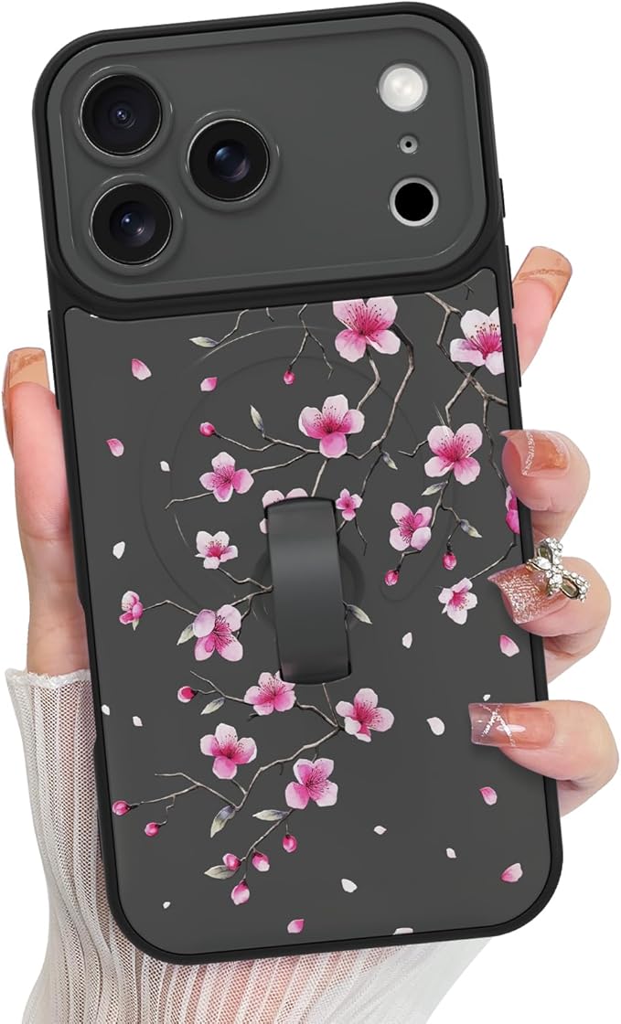 KANGHAR Compatible with iPhone 17 Pro Case, Magnetic Compatible with MagSafe, Cute Flower Floral Pattern Wristband Kickstand Full Camera Lens Shockproof Protective Case for Girls Women, Black