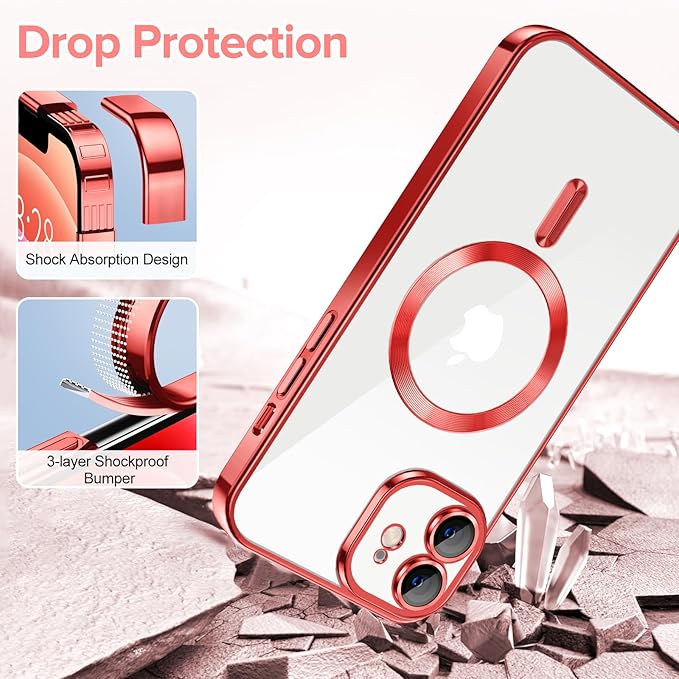Hython Magnetic Clear for iPhone 12 Case with Camera Lens Protector [Compatible with MagSafe] Luxury Plating Edge Slim Soft TPU Cover Protective Phone Case for iPhone 12 6.1", Red