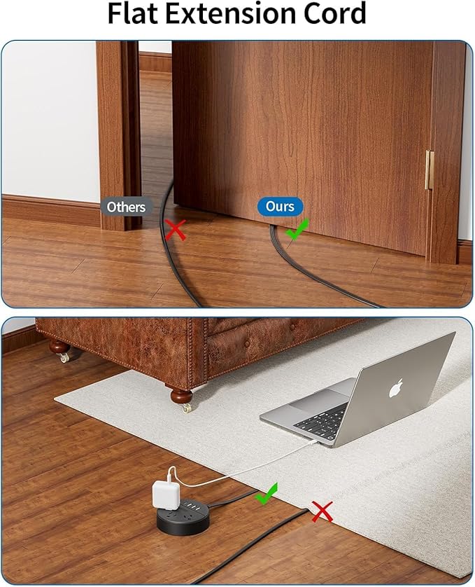 Extension Cord 25 ft, NTONPOWER Flat Plug Power Strip with USB, 3 Outlet 2 USB Desktop Charging Station, Wall Mount Power Strip for Home Office, Black