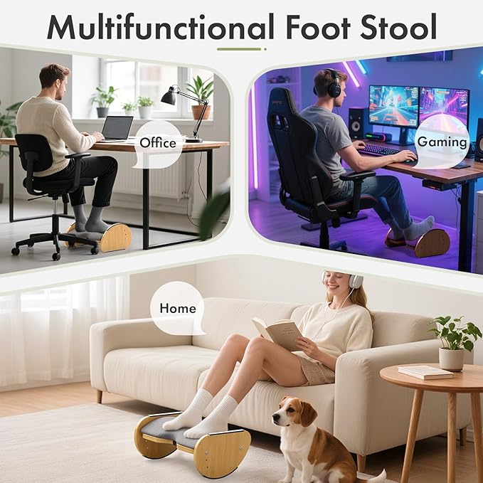 Amazer Bamboo Under Desk Footrest with Cushion 3-in-1, Reversible Ergonomic Wood Rocking Foot Rest for Under Desk at Work, Adjustable Foot Stools with Washable Cover, Desk Leg Rest for Home Office