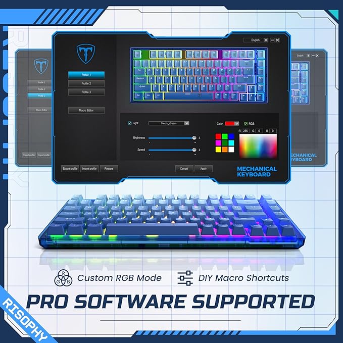 RisoPhy 60 Percent Mechanical Gaming Keyboard - 82 Keys Hot Swappable, Linear Silent Red Switches, Blue PBT Keycaps, Compact Mini RGB Led Backlit Wired, Pro Driver Supported