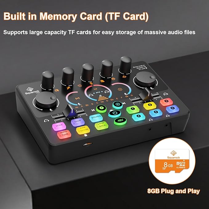 Podcast Equipment Bundle, Mixer with 48V XLR Condenser Microphone, TF card,5RGB,Surround Sound,Suitable for Streaming/TikTok/YouTube, Compatible with Mobile Phones, PC,Camera RS2