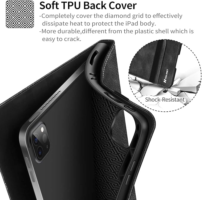 H HOLIMET Case for iPad Pro 11 inch 2022 4th/3rd/2nd/1st Generation 2021/2020/2018 with Pencil Holder PU Leather Protective with Pocket Strap Soft TPU Back Shockproof