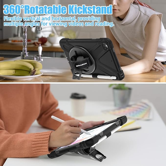 BRAECNstock for Apple iPad mini 5/4 Case 2019/2015 7.9", Shockproof Protective Cover with Pencil Holder, Rotating Hand Strap & Stand, Shoulder Strap, Case for iPad mini 5th/4th Generation, Black