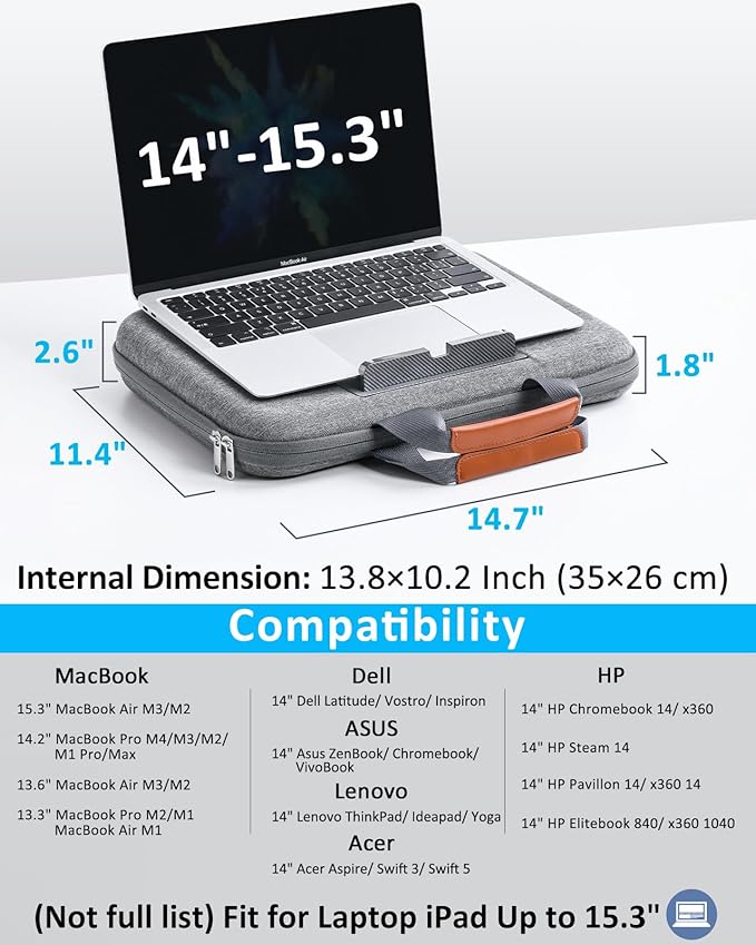 Hard Laptop Case 14 Inch for HP Dell Lenovo ASUS Acer - 2 in 1 Laptop Sleeve & Lap Desk with Stopper and Book Clip - Shockproof Waterproof 15.3 MacBook Air M4 M3 Case - Gray