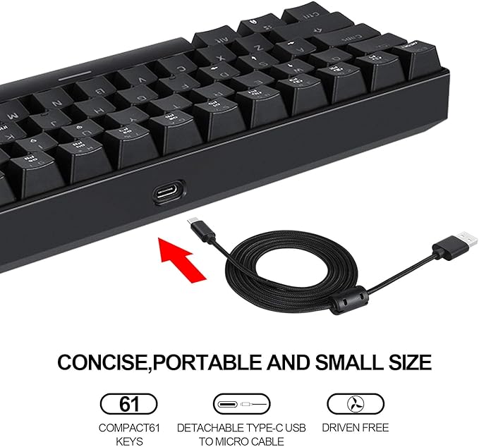 MOTOSPEED 60% Mechanical Keyboard Portable 61 Keys RGB LED Backlit Type-C USB Wired Office/Gaming Keyboard for Mac, Android, Windows（Blue Switch）