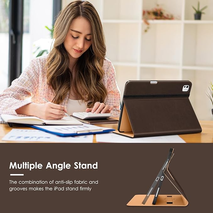VIKESI Case for iPad Pro 13-inch M5 or M4 Released in 2025 or 2024, Leather Stand Cover with Apple Pencil Holder, Auto Wake/Sleep, Multiple Viewing Angles, Built in Hand Strap & Pocket,Dark Brown