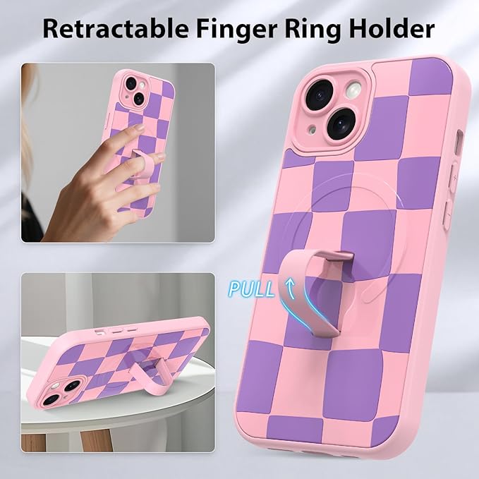 KANGHAR Compatible with iPhone 15 Case, Support for MagSafe, Silicone Checkered Cute Pattern, Wristband Kickstand Camera Protection Soft Slim Cover for Girls Women -Pink