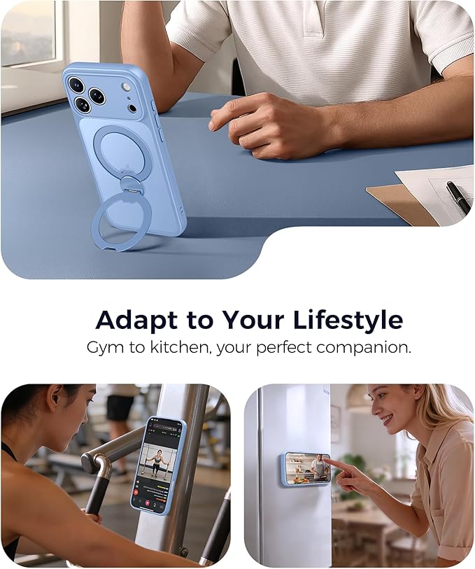 FNTCASE for iPhone 17 Pro-Max Case: [360 Spin Magnetic Stand] [Compatible with Magsafe] [Screen Protector] Translucent Matte Military Grade Shockproof Full Camera Protective Phone Cover - Light Blue