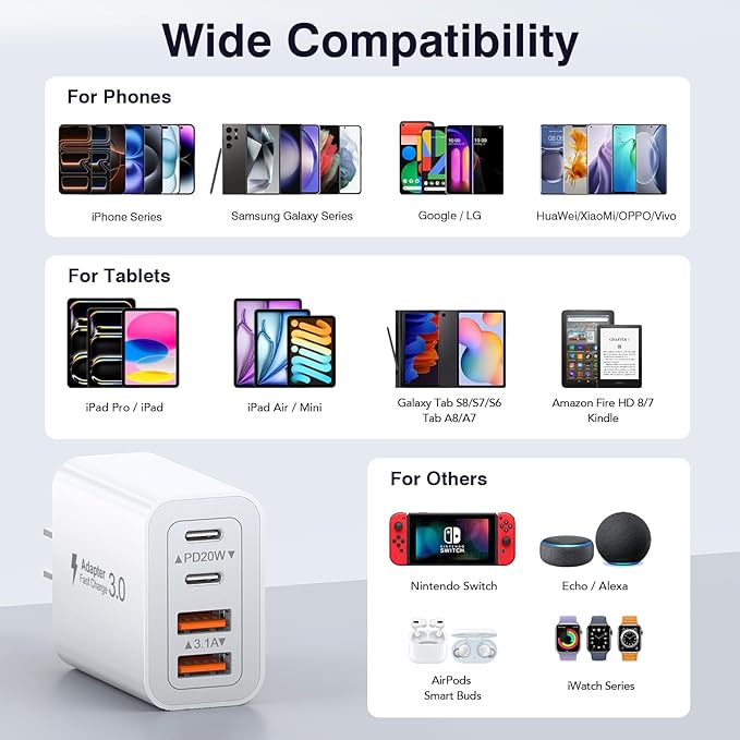 [2-Pack] 40W USB C Charger Block, 2-Pack 4-Port Type C Fast Charging Brick Dual PD&QC Wall Plug Adapter Power Brick for iPhone 13/14/15/16/17/Pro Max/Plus/iPad/Airpods/iwatch/Samsung Galaxy