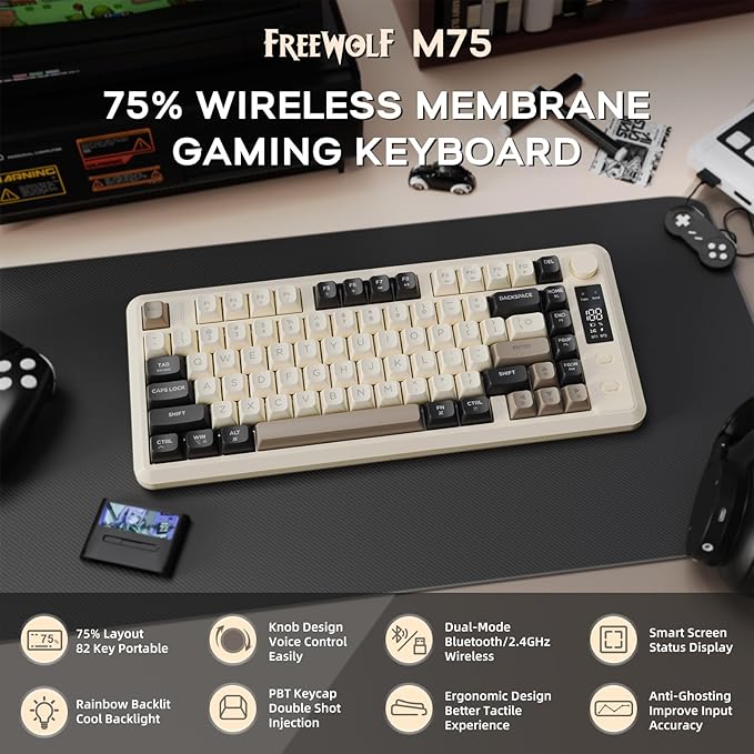FREEWOLF M75 Wireless Gaming Keyboard Mechanical Feel Membrane with Knob & OLED Display Bluetooth/2.4Ghz Rainbow Backlit Gradient PBT Keycaps 2000mAH Battery Anti-Ghosting-Cheese