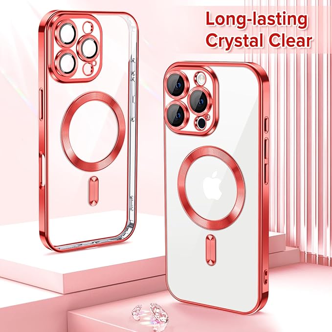 Hython Magnetic Clear for iPhone 16 Pro Case with Camera Lens Protector [Compatible with MagSafe] Luxury Plating Edge Slim Soft TPU Cover Protective Phone Case for iPhone 16 Pro 6.3", Red