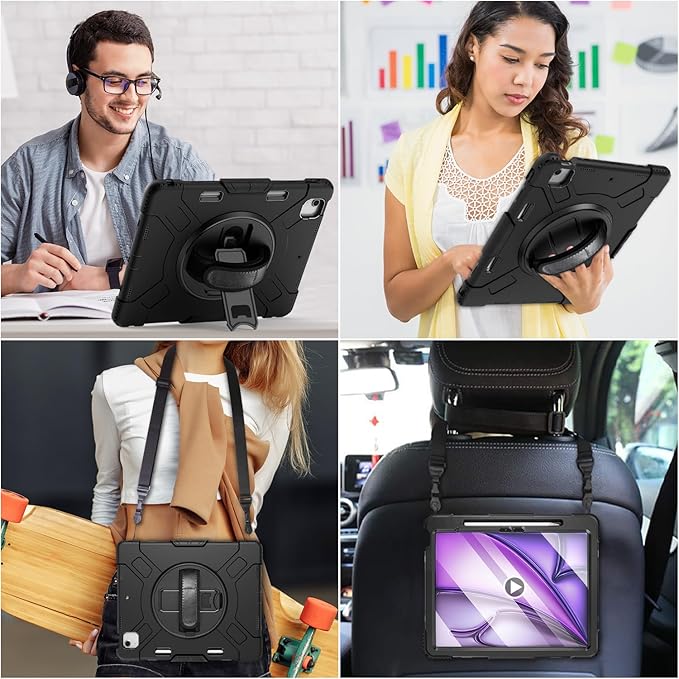 Case for iPad Air 13 Inch M4/M3/M2 (2026/2025/2024): Silicone Shockproof Case with Screen Protector - Stand - Handle - Shoulder Strap - Pen Holder- Black