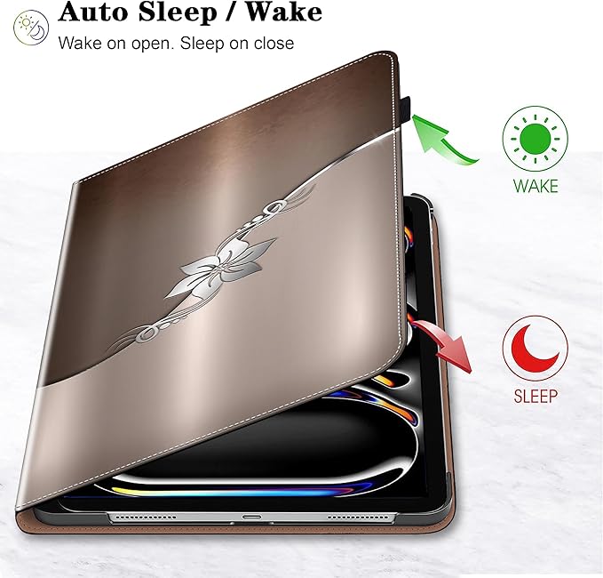 Case for iPad Pro 13 inch (M5/M4) 2025/2024, Premium Leather Folio Stand Protectors Cover with Auto Wake/Sleep, Pencil Holder, Hand Strap and Card Slots - Silver Flower