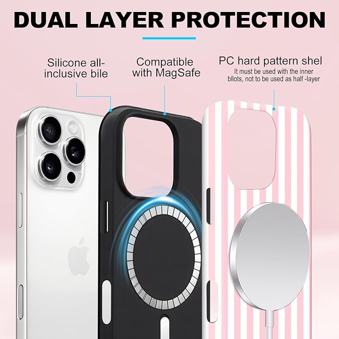 Magnetic for iPhone 15 Pro Max Case Cute Stripes Phone Case, Shockproof Slim TPU and Hard PC Protective Phone Cover Compatible with MagSafe Designed for Women Girls, Pink and White