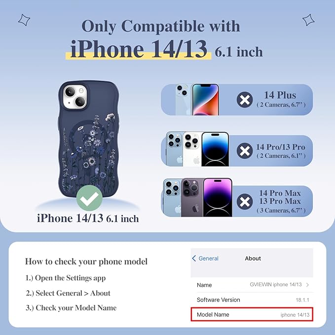 GVIEWIN Cute for iPhone 14 Case & iPhone 13 Case [Compatible with MagSafe] [Curly Wave Edge] Floral Translucent Magnetic Shockproof Protective Phone Cover for iPhone 14/13 6.1'', Floratopia/Blue