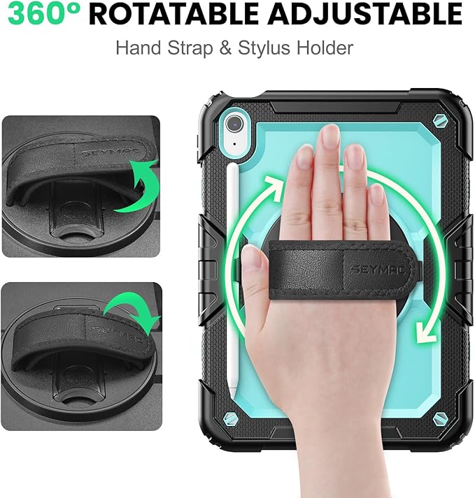 SEYMAC Case for iPad (A16) 11th/10th Generation 2025/2022 (11″/10.9″), Sturdy Heavy Duty Full-Body Shockproof Protective Case with Screen Protector, Rotating Stand, Hand/Shoulder Strap, Light Blue