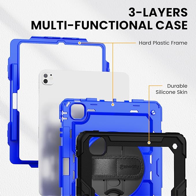 timecity Case for iPad Pro 13 Inch M5 2025/ M4 2024, 360° Rotating Stand, Pencil Holder & Wireless Charging, Shockproof with Screen Protector & Shoulder Strap - for Designers & Professionals,Dark Blue