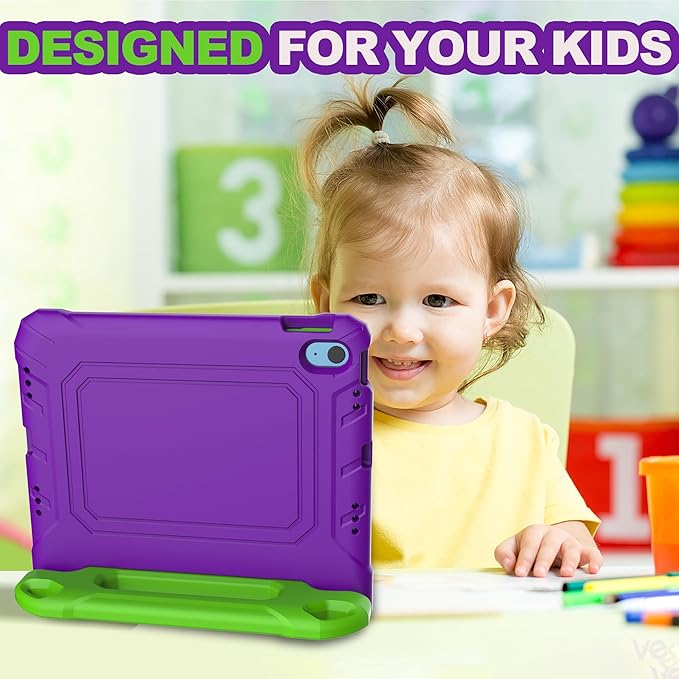 YIHE Kids Case for iPad (A16) 11th Generation 11 Inch 2025 & iPad 10th Generation 10.9 inch 2022, with Built-in Screen Protector and Handle Stand, Full Body Shockproof Protective Cover, PurpleGreen