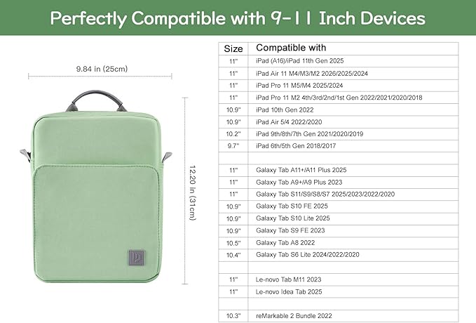 Dadanism 9-11 Inch Tablet Sleeve Bag Carrying Case with Shoulder Strap for iPad (A16) 11", iPad 10th Gen 10.9", iPad Air M4/Pro M5 11", iPad 9/8/7th 10.2", Galaxy Tab A11+ Plus 11", Dark Green