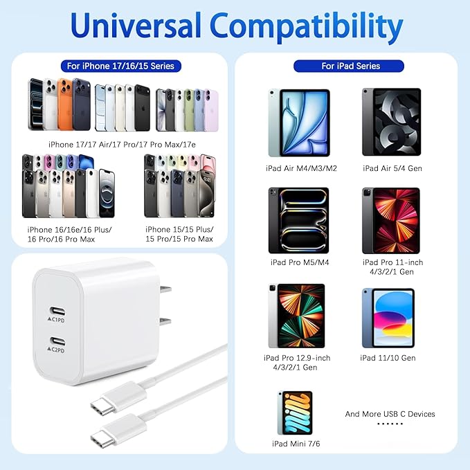 iPhone 17e Charger,2Pack Dual USB C Port Fast Wall Chargers Block with 3FT USB C to C Charger Fast Charging Cable Cord for iPhone 17/17 Pro Max/17 Pro/16Pro Max/16 Plus/16e/15 Pro/15/iPad Pro/Air/Mini