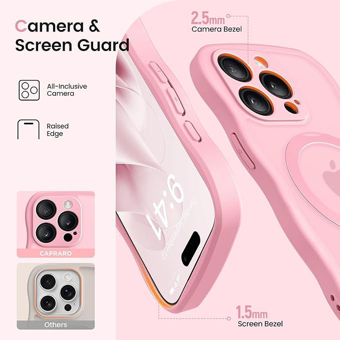 CAPRARO for iPhone 15 Pro Case with 360° Spin Magnetic Stand for Women, [Compatible with MagSafe] [Full Camera Protection] Cute Wave Translucent Matte Case for iPhone 15 Pro, Peach Pink