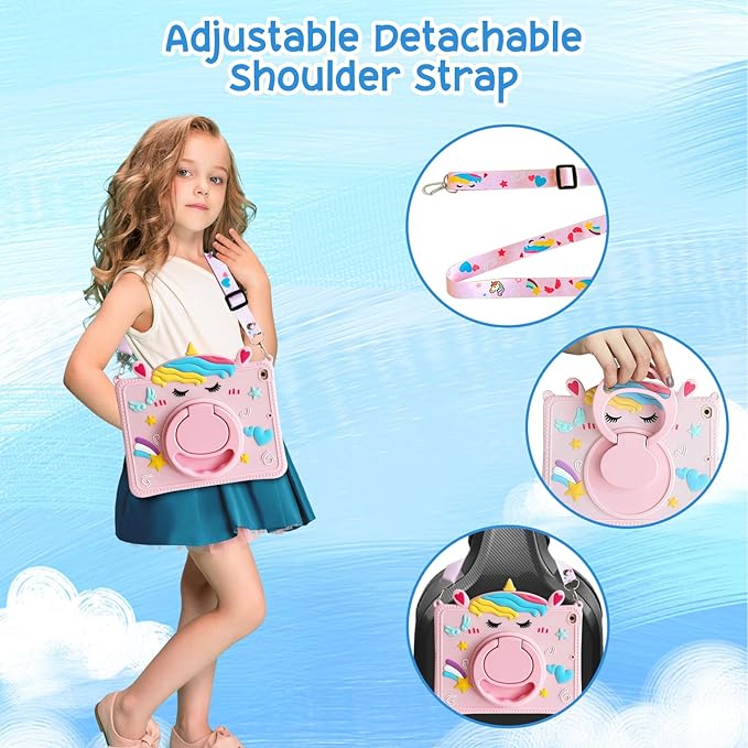 Cute Case for Apple iPad 9th 8th 7th Generation 10.2 Inch 2021/2020/2019 Model, EVA Kickstand Heavy Duty Shockproof Kids Friendly Bumper Case with Shoulder Strap Cover for iPad 10.2", Pink Unicorn