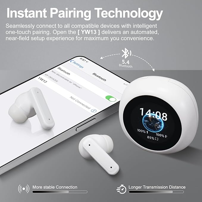 Wireless Earbuds, ANC/ENC Noise Cancelling Earbuds with Touch Screen, Bluetooth 5.4 Ear Buds with LED Charging Case, 40H Stereo Sound, IPX7 Waterproof Earphones with 6 EQ Modes for iOS Android (White)