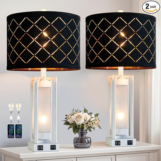 25" Set of 2 Farmhouse Table Lamps with USB C+A Ports, Rustic Retro Nightstand Lamps with White Night Light, Black Grid Shade, Desk Lamps for Bedroom Bedside, 4 Bulbs Included