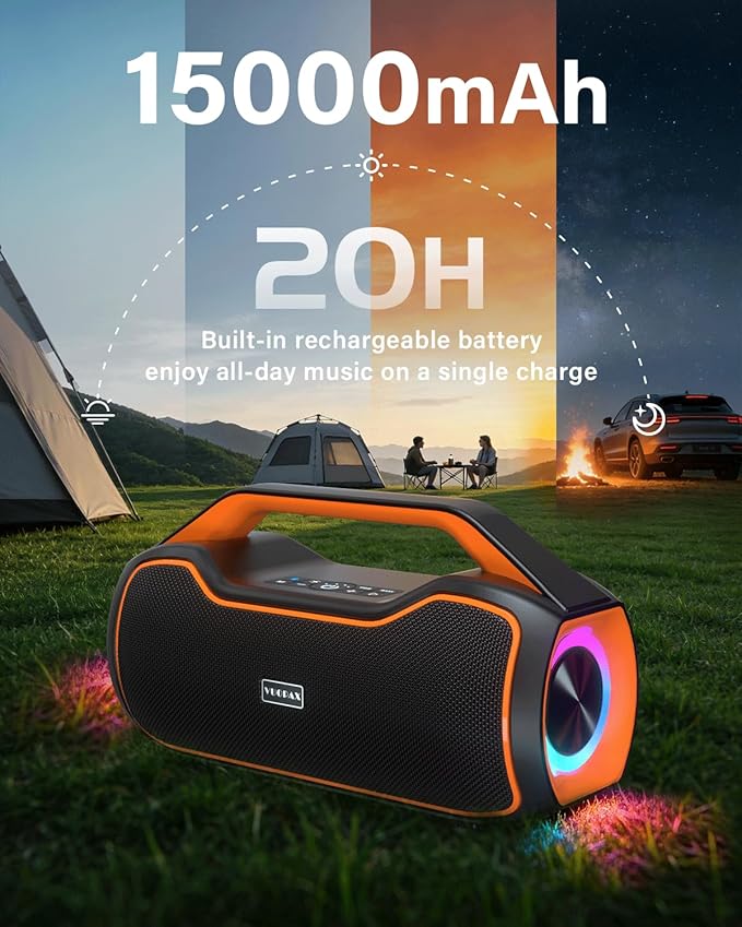 Portable Bluetooth Speaker Bass Boost, 120W Peak Loud Powerful Speakers Wireless w/2*Bass and 2*tweeters, 20H Playtime,IPX6 Waterproof, BT5.4, Suitable for Party, Beach, Camping,Outdoor,Large Jobsite,