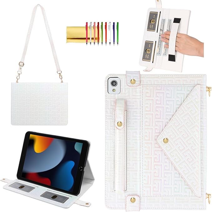 Shiny Case for iPad 6th/5th Gen 9.7 Inch (2018/2017), iPad Pro 9.7"/Air 2, Techcircle Crossbody Iridescent Folio Stand Multi-Pocket Wallet Case with Pencil Holder+Hand/Shoulder Strap, Shiny White