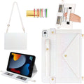 Shiny Case for iPad 9th 8th 7th Gen 10.2"/iPad Air 2019/iPad Pro 10.5, Techcircle Crossbody Iridescent Folio Stand Wallet Case with Pencil Holder+Card Slots+Hand Strap+Shoulder Strap, Shiny White