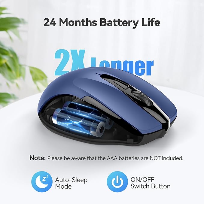TECKNET Wireless Mouse, 2.4G Ergonomic Optical Mouse, Computer Mouse for Laptop, PC, Computer, Chromebook, Notebook, 6 Buttons, 24 Months Battery Life, 2600 DPI, 5 Adjustment Levels - Blue
