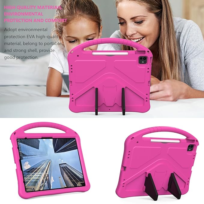 Kids Case for iPad Air 13 inch M4/M3/M2 (2026/2025/2024) with Pencil Holder/Shockproof Handle/Kickstand/Slim Lightweight Soft EVA Foam Folio Stand Tablet Protective Girls Boys Cover, Rose
