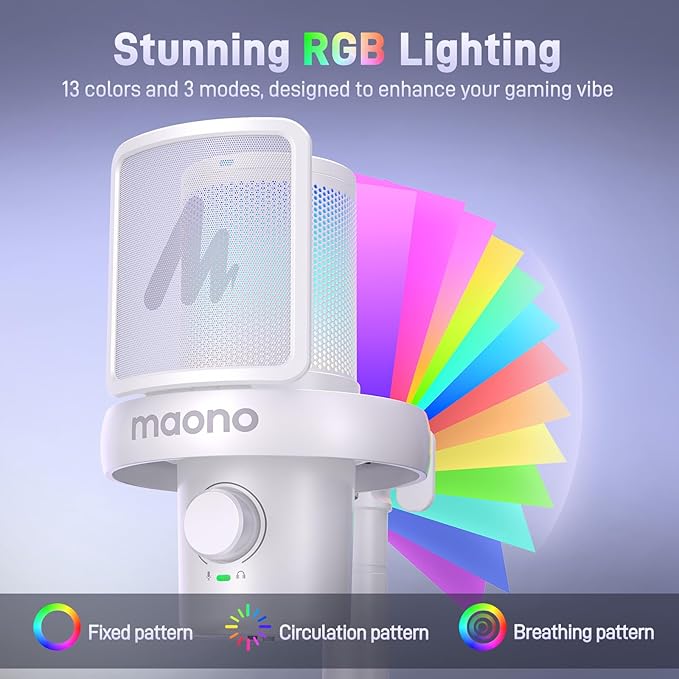 MAONO Wireless Gaming Microphone, USB Condenser Mic with Software, Noise Cancellation, AI Voice Changer, RGB Lights, Mute, Gain for Streaming Recording Podcast Computer PC Laptop, DM40 White