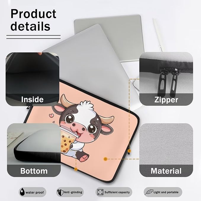 Cute Cow Laptop Protective Sleeve for Women 15 Inch Computer Sleeve Bag Zippered Pouches with Humanize Design Lap Top Case Suitable for Travel School Office Neatly Organizers