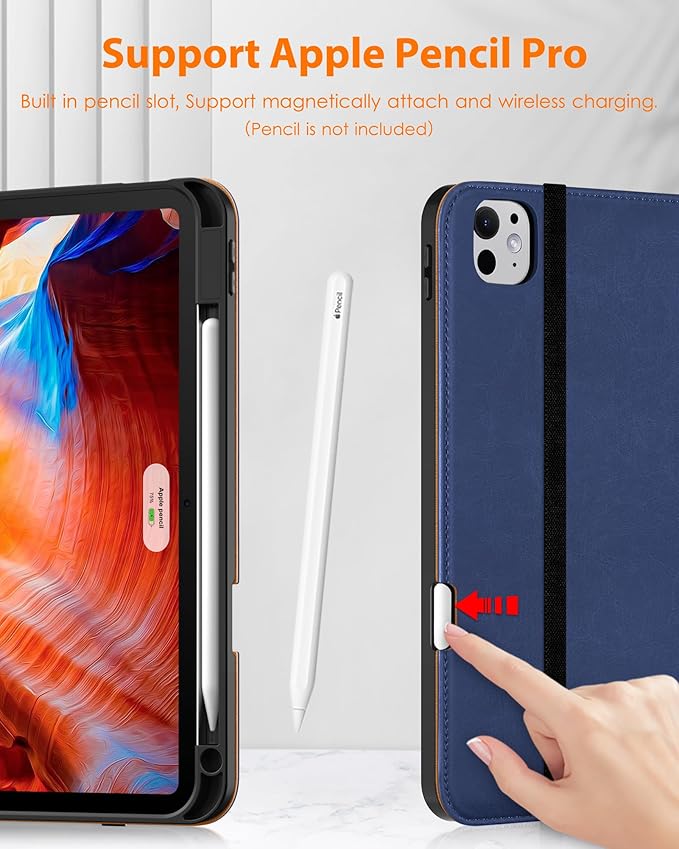 DTTO for iPad Pro 11 inch Case (M5/M4) 2025/2024, Premium Leather Business Folio Stand Cover with Pencil Holder - Auto Wake/Sleep and Multiple Viewing Angles, Navy Blue